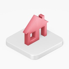 Poster - Red flat house icon. 3d rendering square button key isometric view, interface ui ux element.