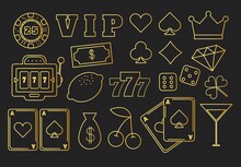 Casino Gold Collection Vector Icons Set. Isolated On Black Background. Casino Emblems And Labels, Sign, Slot Machine, Roulette, Poker, Dice Game. Vector Illustration