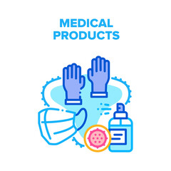 Poster - Medical Products Vector Icon Concept. Facial Mask And Protective Medical Gloves, Sanitizer Spray For Killing Viruses And Protect Medical Products. Healthcare Accessories Color Illustration