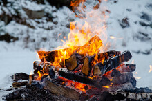 Bonfire Providing Warmth In The Snowy Forest