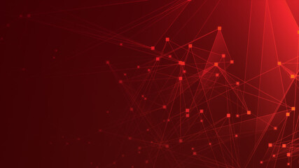 Wall Mural - Abstract red polygon tech network with connect technology background. Abstract dots and lines texture background. 3d rendering.