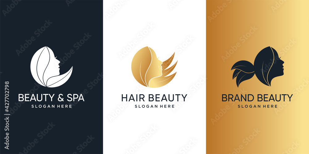 Beautiful woman hair salon gold gradient logo and business card design ...