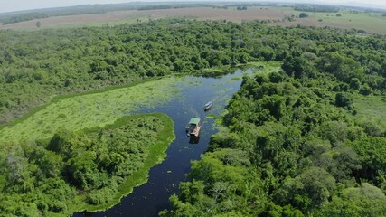 Wall Mural - aerial image with boat drone on a river in the middle of the Pantanal Mato Grosso do Sul Brazil