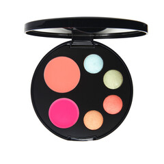 Poster - Open cosmetic set with eye shadows and blush in black plastic case