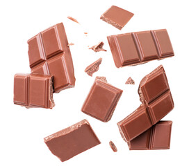 Wall Mural - Pieces of chocolate are flying on a white background, levitating chocolate. Isolated