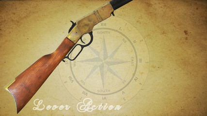 Wall Mural - lever action rifle with old used paper in the background civil war compass and faded text lever acti