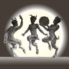 Three silhouettes of dancing fauns, engraving.