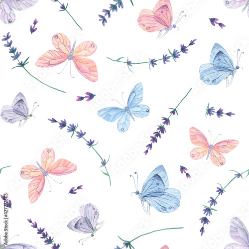 Dekoracja na wymiar  wzor-rozowy-motyl-niebieski-akwarela-lawendowe-tlo