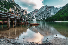Panoramic View Of Lake Braies In The Dolomites, Italy.
