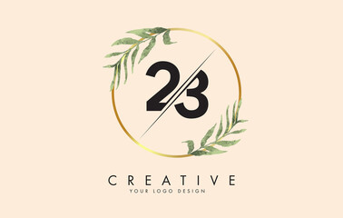 Number 23 2 3 logo design with golden circles and green leaves on branches around. Vector Illustration with numbers 2 and 3.