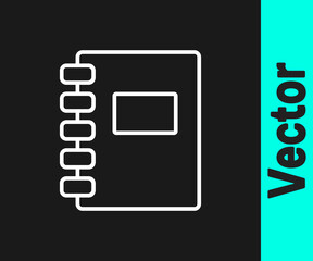 Poster - White line Notebook icon isolated on black background. Spiral notepad icon. School notebook. Writing pad. Diary for school. Vector