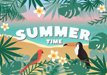 Summer time card with beach landscape, tropical leaf frame. Vacation and travel concept.