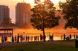 © paulmckinnon - Crowd of people playing volleyball through a hot and hazy sunset