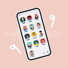 Social Media Clubhouse App For Drop-in Audio Chat Application On Smartphone. The Screen Of The Device With Avatars Of Community Members. Vector Illustration In Flat Style