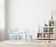 Bright children's room with kids table and shelves near window, kids furniture, kids room empty wall mock up, 3d rendering