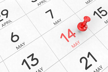Fototapete - 3d rendering of important days concept. June 14th. Day 14 of month. Red date written and pinned on a calendar. Summer month, day of the year. Remind you an important event or possibility.