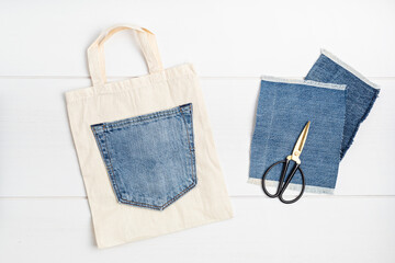 Old jeans upcycling idea. Crafting with denim, recycling old clothers, hobby, diy activity