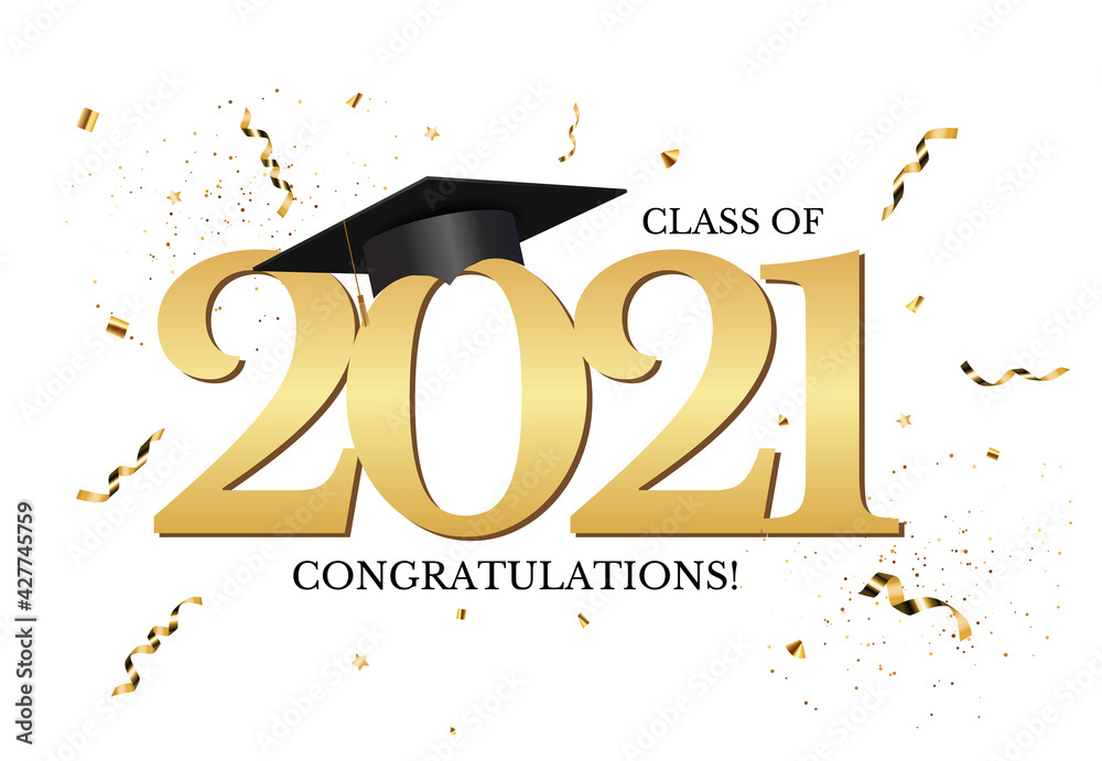 Graduation class of 2021 with graduation cap hat and confetti. Vector Illustration - obrazy, fototapety, plakaty 