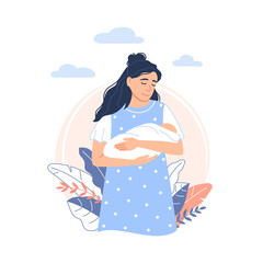 Cartoon young Caucasian mother holds a cute newborn baby in her arms isolated on outdoor natural background. Smiling woman with cute sleeping child Flat childhood vector illustration for banner design