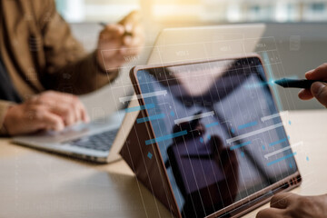 Poster - Businessman working project and update Gantt Software Chart scheduling virtual diagram and progress planning quality and communication gantt on virtual screen