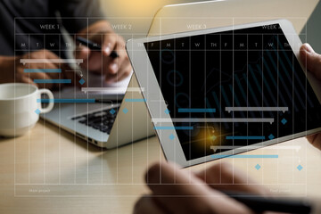 Poster - Businessman working project and update Gantt Software Chart scheduling virtual diagram and progress planning quality and communication gantt on virtual screen