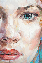  Fragment of art painting. Portrait of a girl with red hair is made in a classic style. .A woman's face with blue eyes.