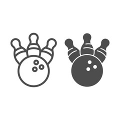 Poster - Three pins and bowling ball line and solid icon, bowling concept, Bowling game sign on white background, Skittles and ball icon in outline style for mobile concept and web design. Vector graphics.