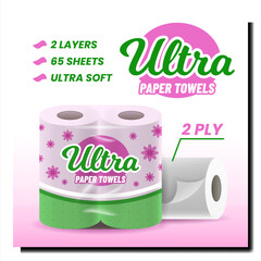 Poster - Ultra Paper Towels Creative Promo Poster Vector. Paper Towels Blank Packaging Advertising Banner. Product Sheets For Drying Water Drop And Cleaning Kitchen Table Style Concept Template Illustration