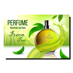 Sticker - Perfume Aroma Creative Promotional Poster Vector. Green Tea Herbal Perfume Blank Bottle Spray, Aromatic Liquid Splash And Plant Leaves On Advertising Banner. Style Concept Template Illustration