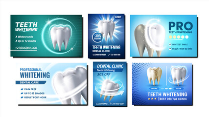 Poster - Teeth Whitening Promotional Posters Set Vector. Professional Teeth Whitening Dentist Clinic Procedure Collection Of Advertising Banners. Dental Care Style Concept Template Illustrations