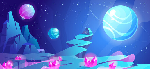Poster - space landscape, night alien fantasy planet surface with rocks, stone with secret sign, pink crystal