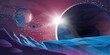 © klyaksun - Cosmic background, alien planet deserted landscape with mountains, rocks, deep cleft and stars shine in space. Extraterrestrial computer game backdrop, parallax effect cartoon vector illustration