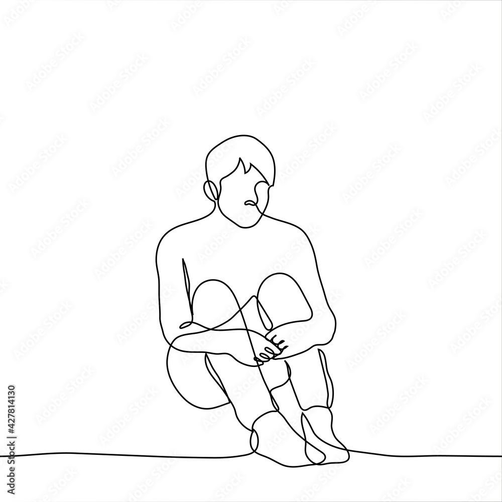 sad lonely man sitting on the floor hugging his knees - one line ...