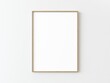 One light wood thin rectangular vertical frame hanging on a white textured wall mockup, Flat lay, top view, 3D illustration