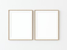 Two Light Wood Thin Rectangular Vertical Frame Hanging On A White Textured Wall Mockup, Flat Lay, Top View, 3D Illustration