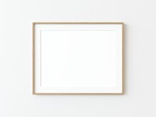 Light Wood Thin Rectangular Horizontal Frame Hanging On A White Textured Wall Mockup, Flat Lay, Top View, 3D Illustration