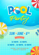 Pool party invitation template poster vector design. Swimming pool with sun umbrellas 