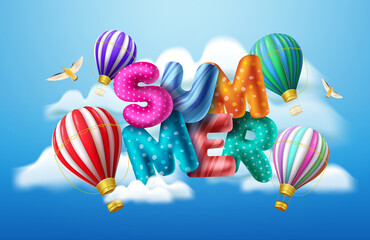 Wall Mural - summer 3d balloon text vector banner design. summer balloons text in sky and clouds background with 