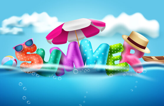 Summer 3d text vector banner design. Summer text in sea background with beach element like umbrella, sunglasses and hat for relax outdoor holiday vacation. Vector illustration  

