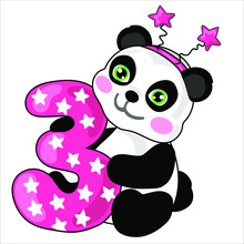 The Cute Panda Is Holding The Number Three For Girl. Illustration For The First Birthday. 
Cake Topper Print. Vector Illustration Isolate. Print For T-shirts And Sweatshirts.