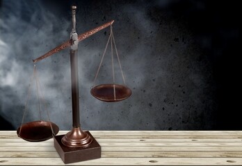 Canvas Print - Law scales on wooden table. Symbol of justice