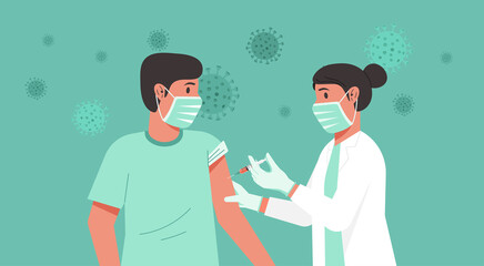 Wall Mural - Immunization and vaccination flu shot concept, female doctor with medical protective suit, glove, mask inject syringe in patient arm, Covid-19 prevention with man having vaccine, vector illustration