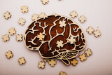 Fototapeta Mapy - Brain with wooden puzzles. Mental Health and problems with memory