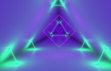 Laser Illumination On Black Stylу Esoteric Ornaments. Fractal Geometry Object With Light Mystic Glow Line. Emission Magic Portal  Triangle Effects. 3d Rendering