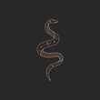 Magic snake logo, gold simple contour line, boho style on black background, modern trendy hand drawn vector magic astrology symbol and mystic design element for tattoo, doodle flat shape illustration