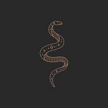 Magic Snake Logo, Gold Simple Contour Line, Boho Style On Black Background, Modern Trendy Hand Drawn Vector Magic Astrology Symbol And Mystic Design Element For Tattoo, Doodle Flat Shape Illustration