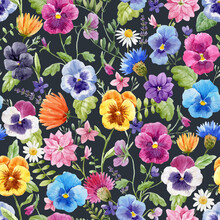 Beautiful Vector Seamless Floral Pattern With Watercolor Gentle Colorful Summer Pansy Flowers. Stock Illustration.