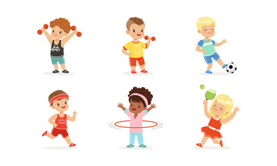 Canvas Print - Cute Little Kids Doing Sports Set, Little Boys and Girls Exercising with Dumbbells, Playing Ball, Spinning Hula Hoop, Running Cartoon Vector Illustration