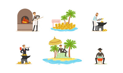 Sticker - Set of Money Laundering, Unfair Business People Washing Banknotes, Using Offshores, Forging Money in Furnace, Financial Fraud Cartoon Vector Illustration