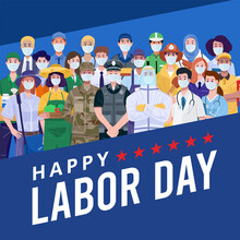 Happy Labor Day. Group Of People With Different Jobs Wearing Face Masks. Vector